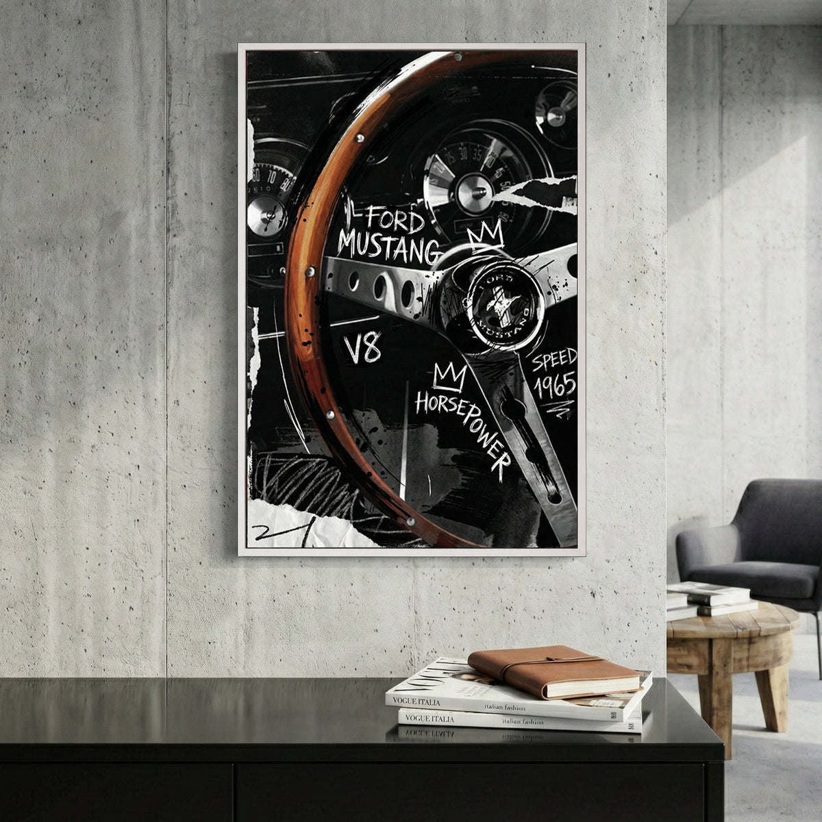 Ford Mustang 1965 steering wheel cockpit Basquiat street art graffiti wall art print
