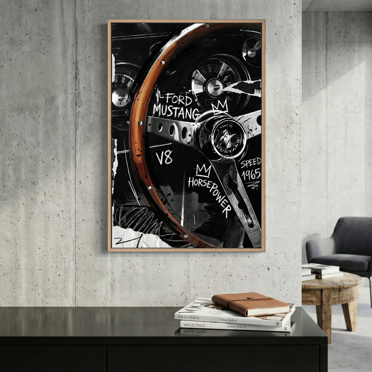 Ford Mustang 1965 steering wheel cockpit Basquiat street art graffiti wall art print