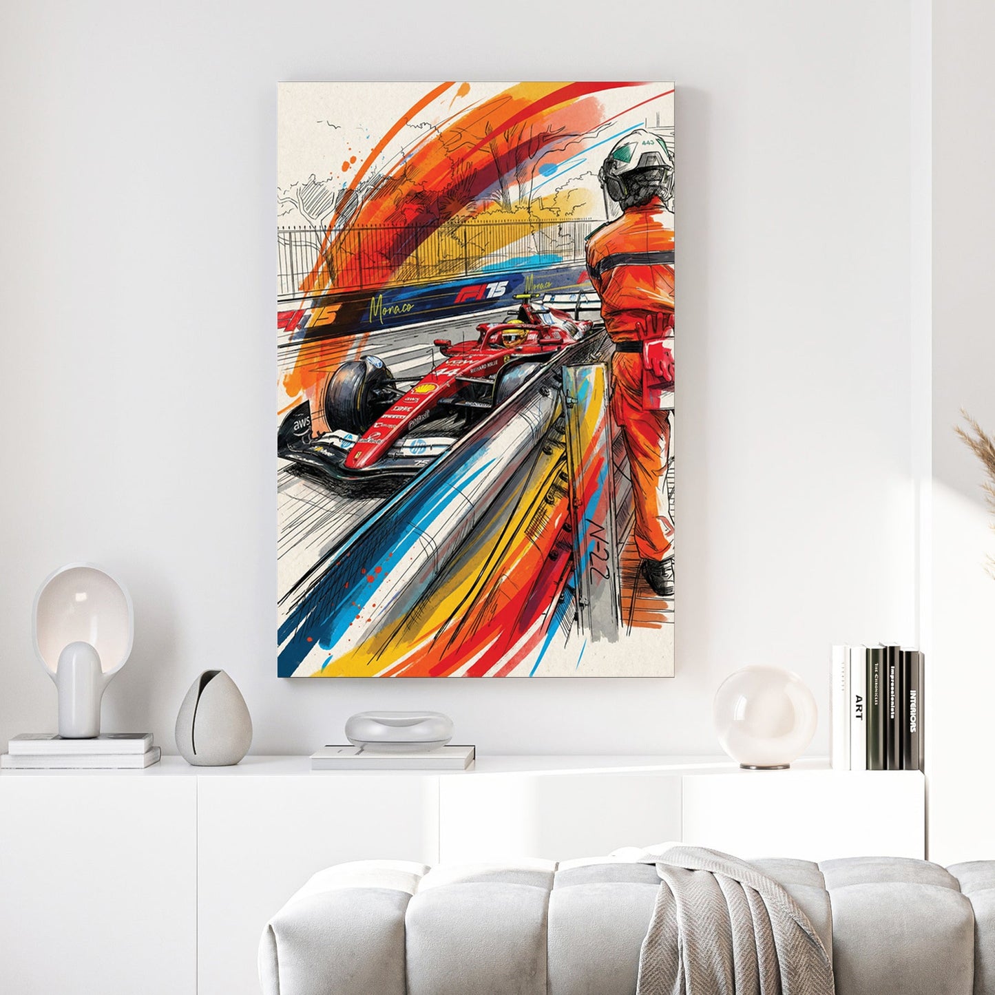 Ferrari F1 Monaco Grand Prix pit lane sketch watercolour wall art print