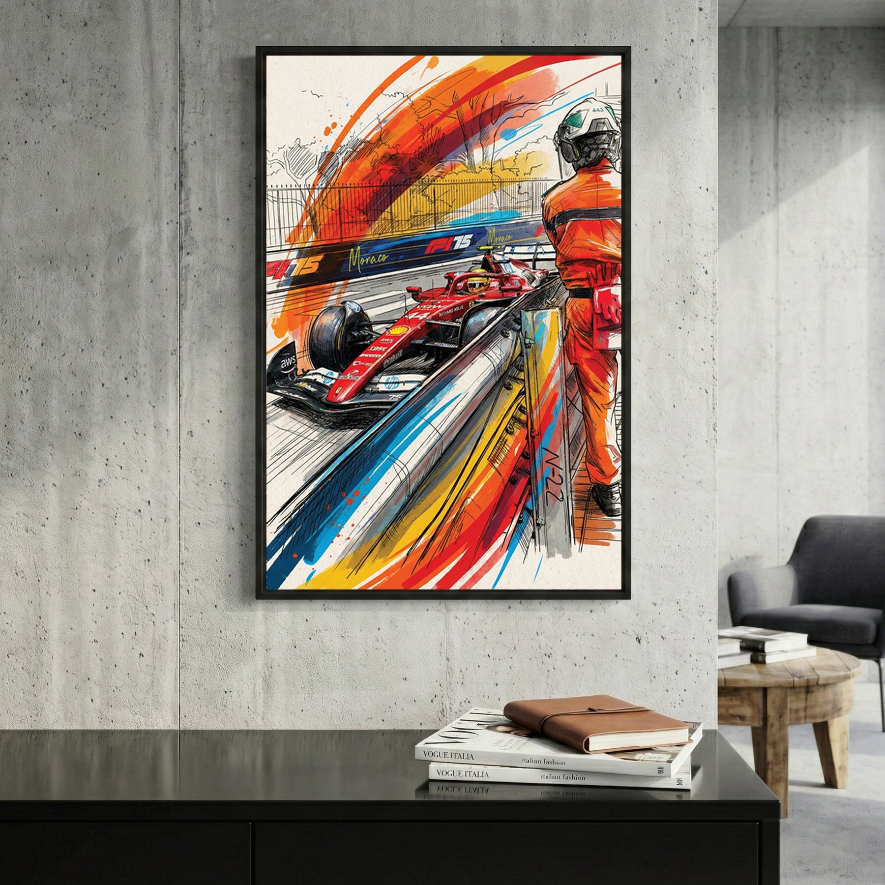 Ferrari F1 Monaco Grand Prix pit lane sketch watercolour wall art print