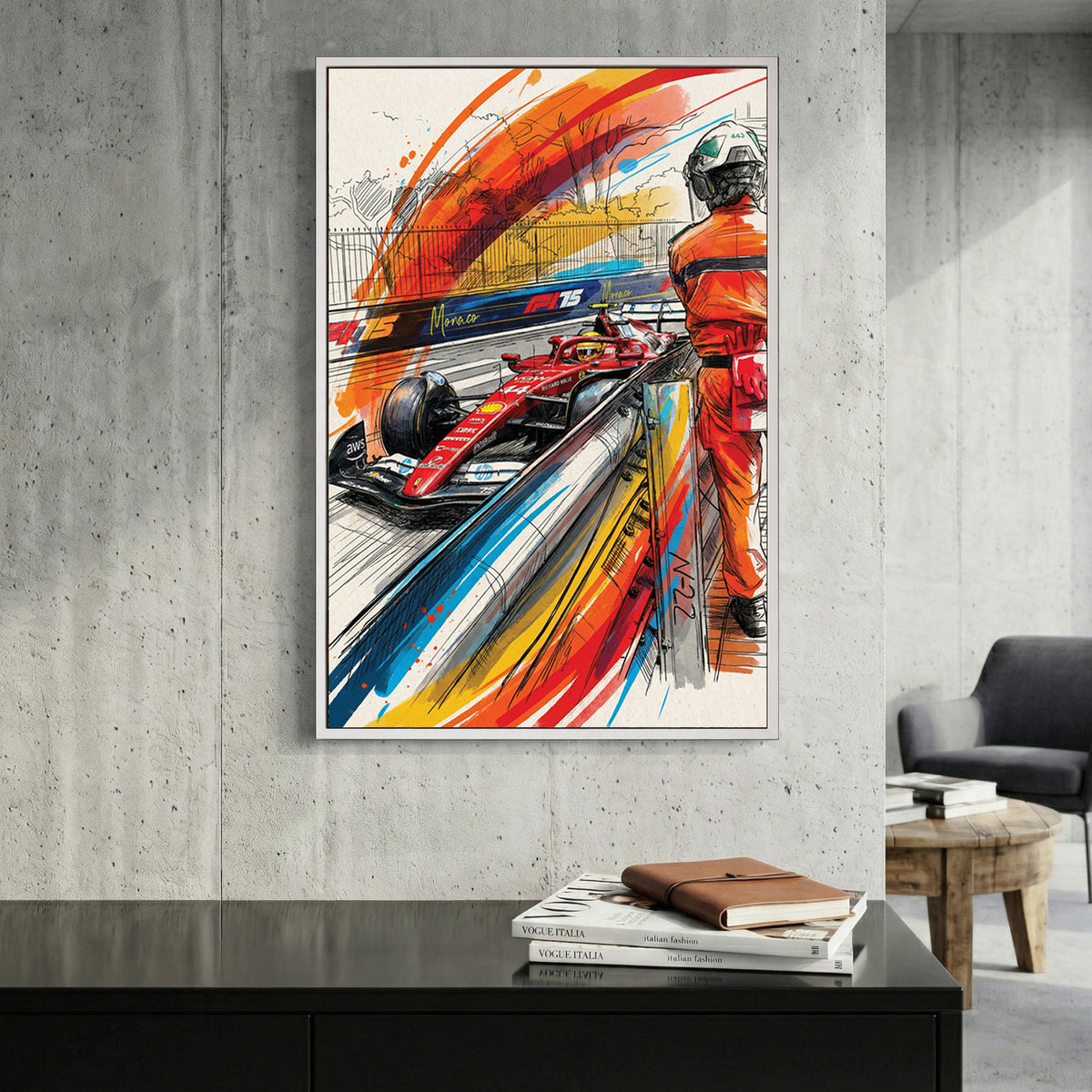 Ferrari F1 Monaco Grand Prix pit lane sketch watercolour wall art print