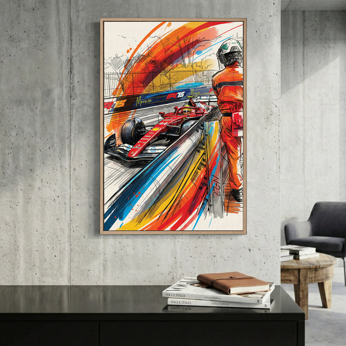Ferrari F1 Monaco Grand Prix pit lane sketch watercolour wall art print