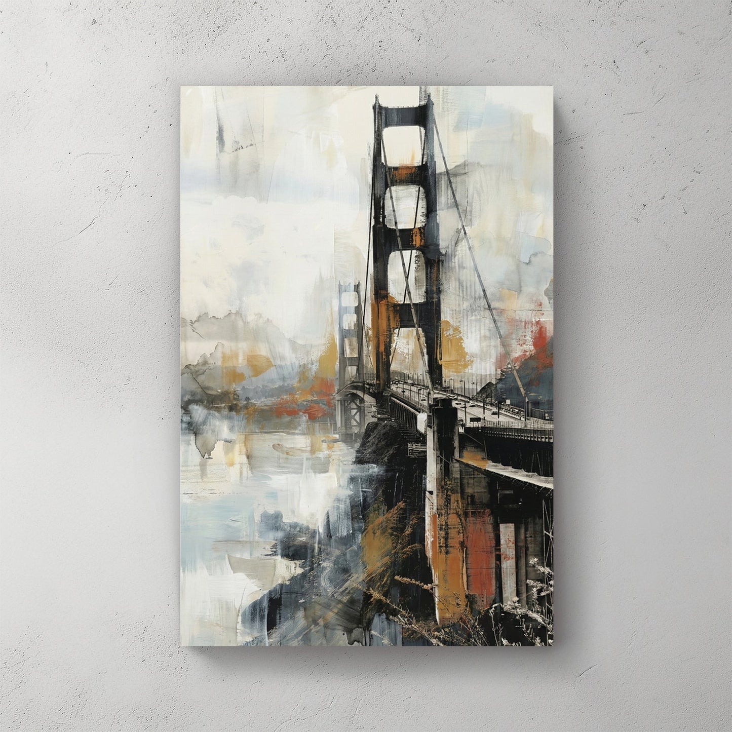 Golden Gate Bridge watercolour wall art print with gold and black tones