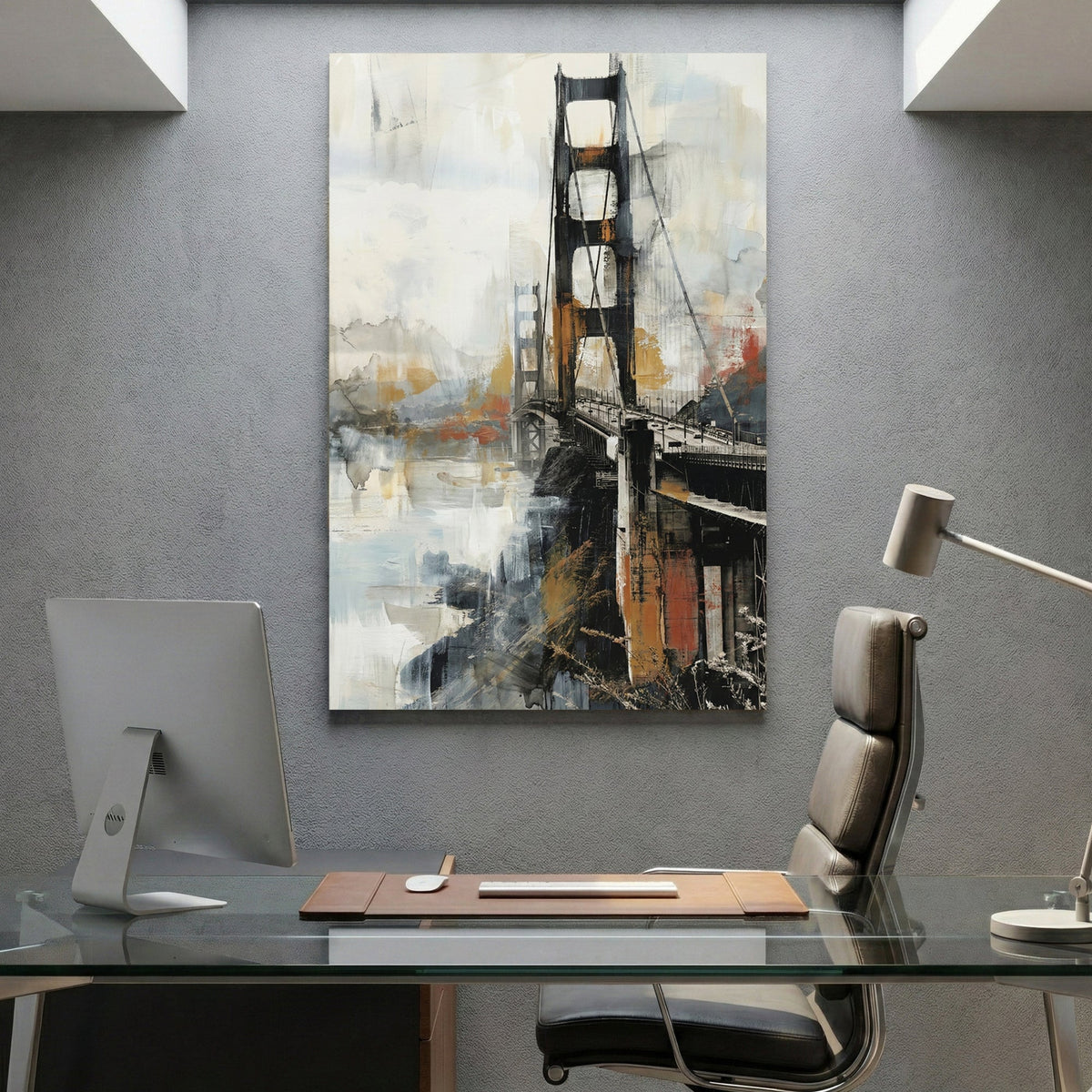 Golden Gate Bridge watercolour wall art print with gold and black tones