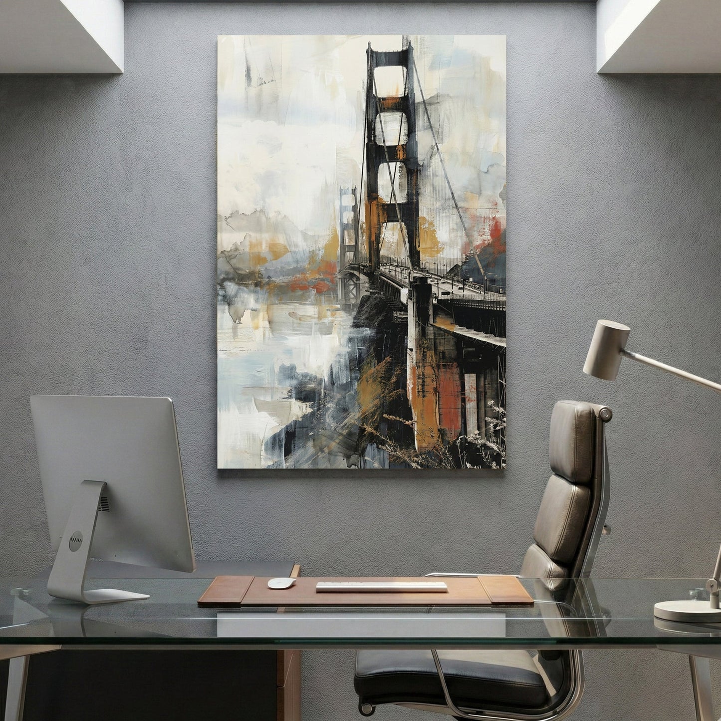 Golden Gate Bridge watercolour wall art print with gold and black tones