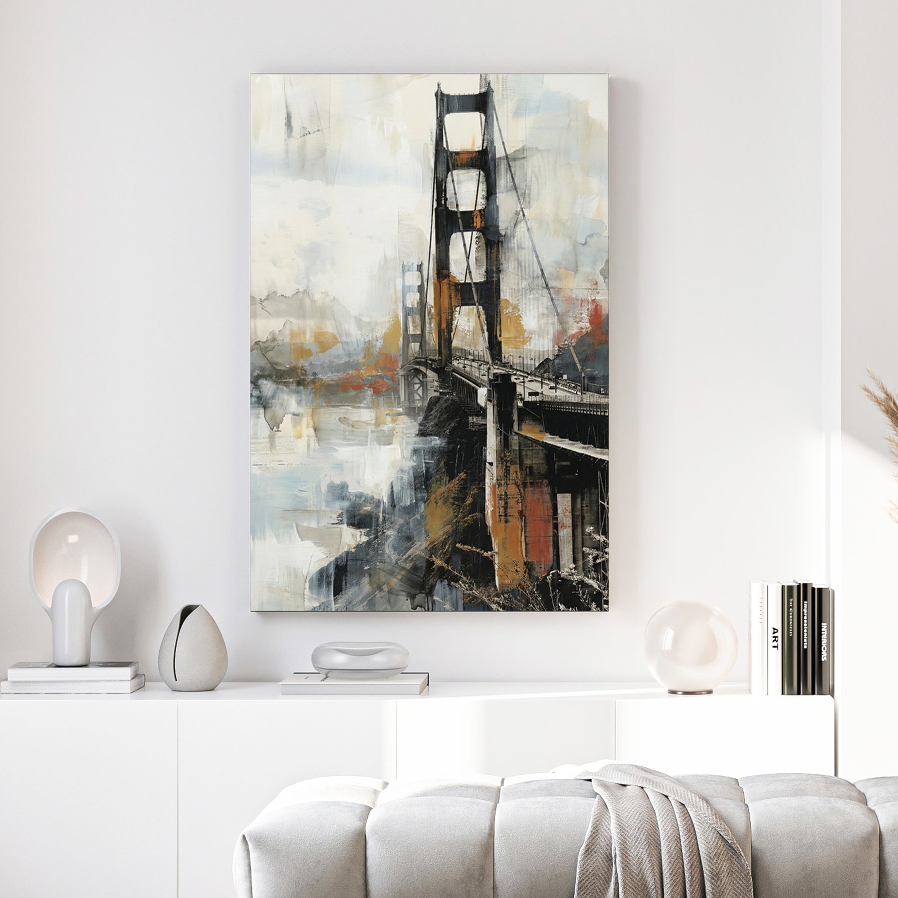 Golden Gate Bridge watercolour wall art print with gold and black tones