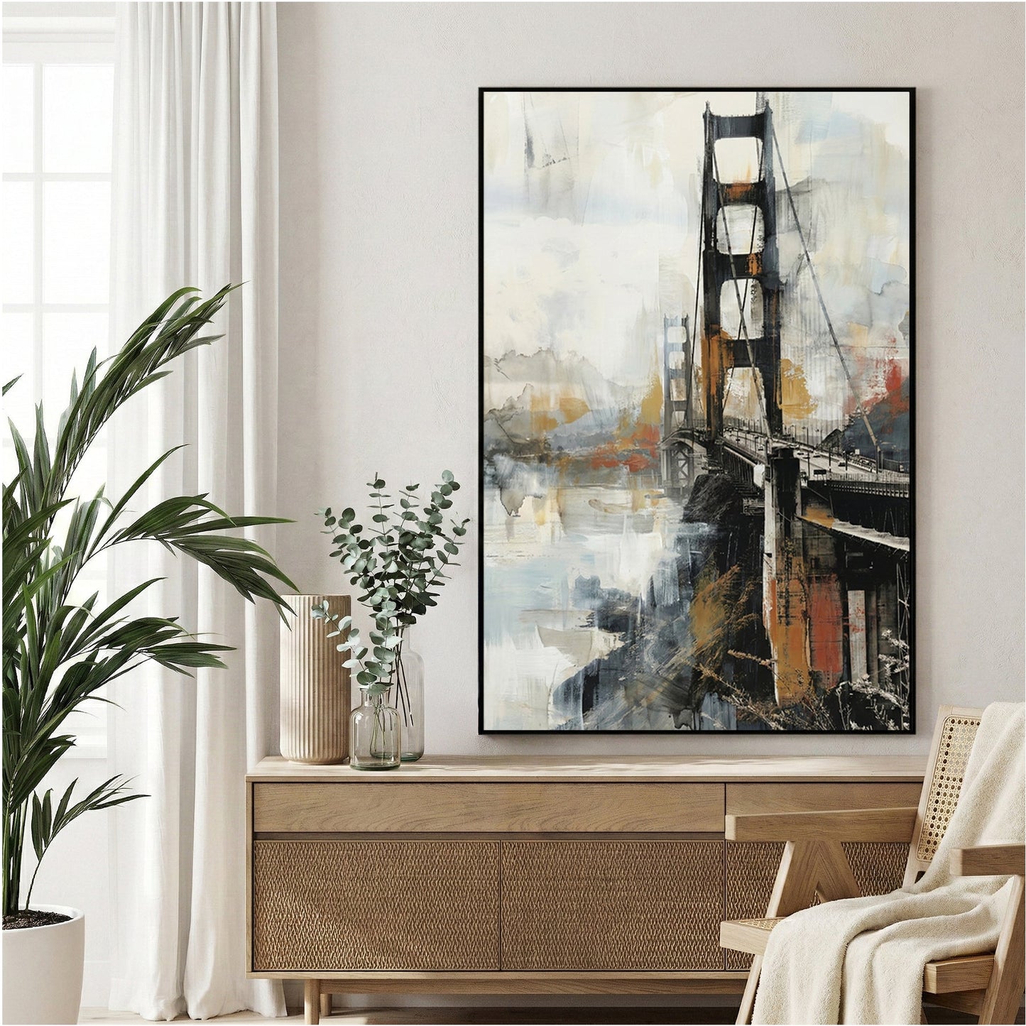 Golden Gate Bridge watercolour wall art print with gold and black tones