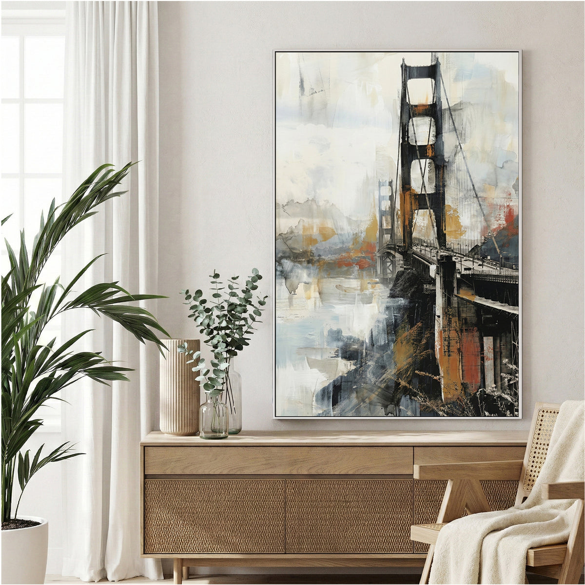 Golden Gate Bridge watercolour wall art print with gold and black tones