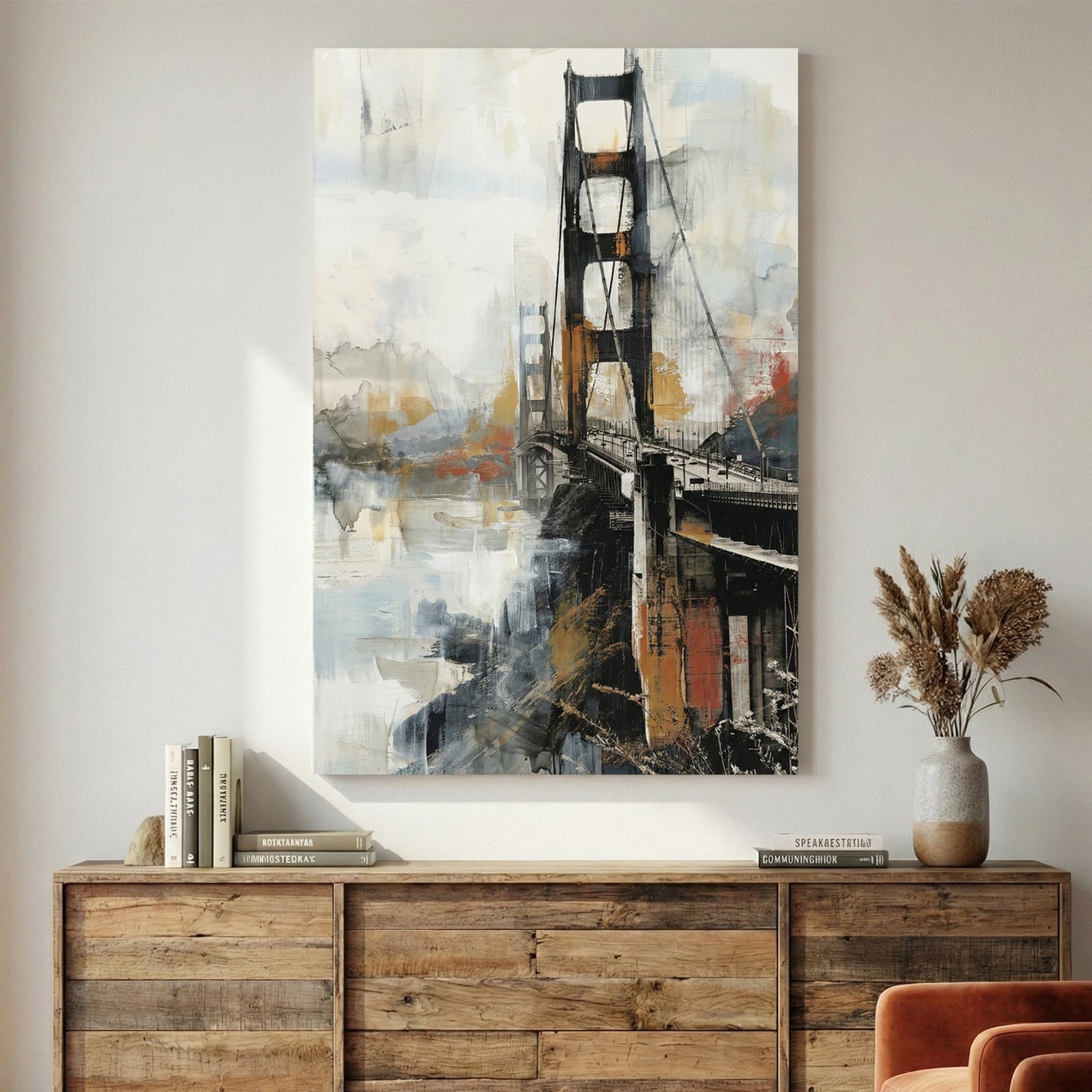 Golden Gate Bridge watercolour wall art print with gold and black tones