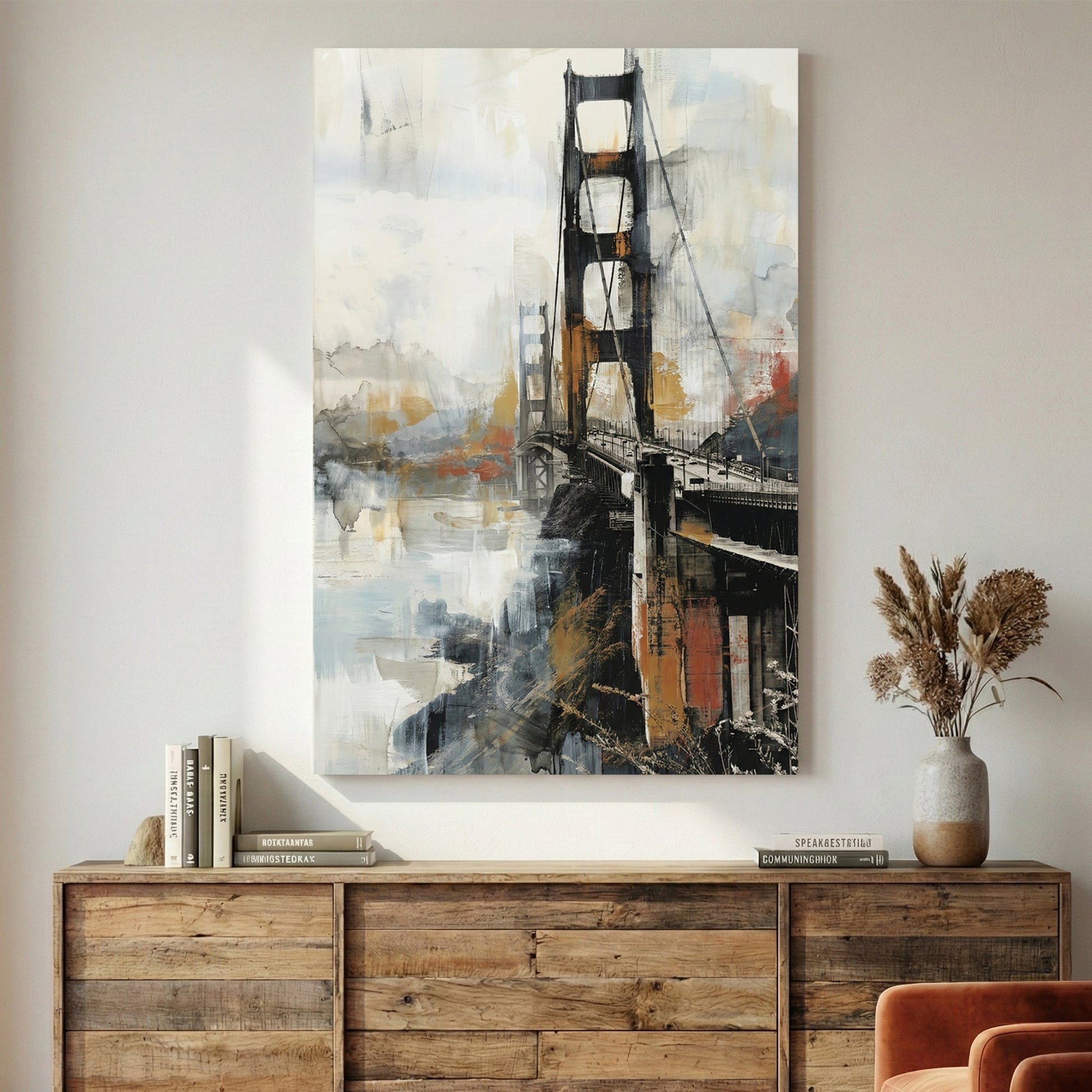 Golden Gate Bridge watercolour wall art print with gold and black tones
