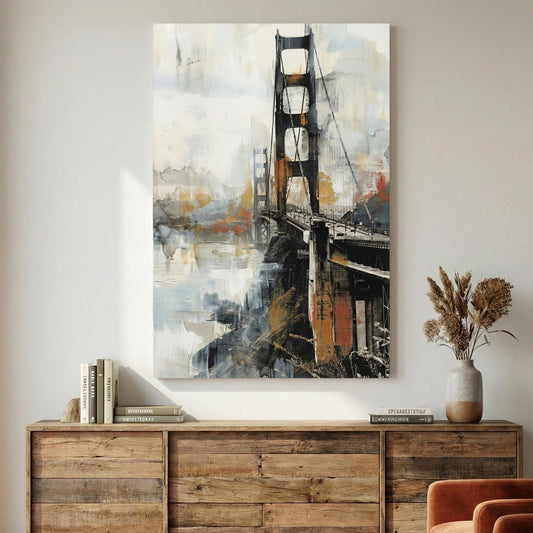 Golden Gate Bridge watercolour wall art print with gold and black tones
