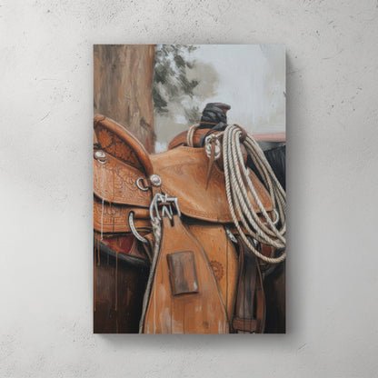 Western saddle illustration wall art print with brown leather tones