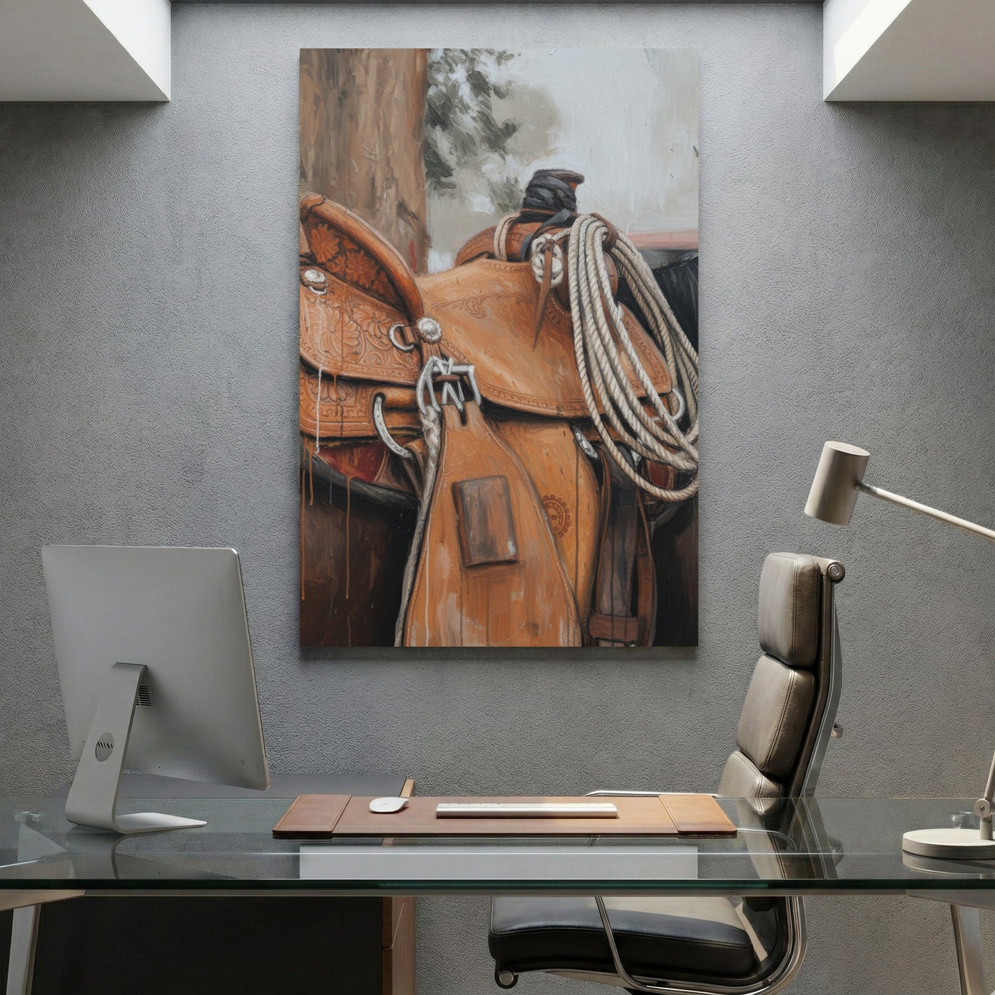 Western saddle illustration wall art print with brown leather tones