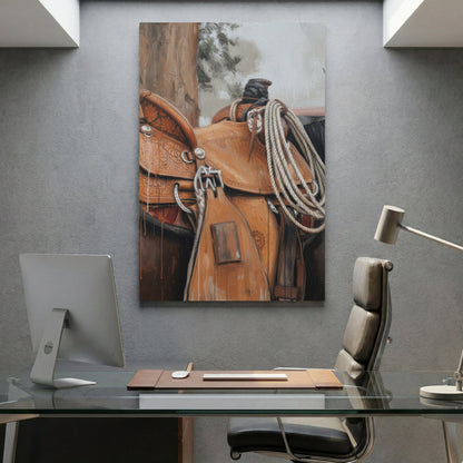 Western saddle illustration wall art print with brown leather tones