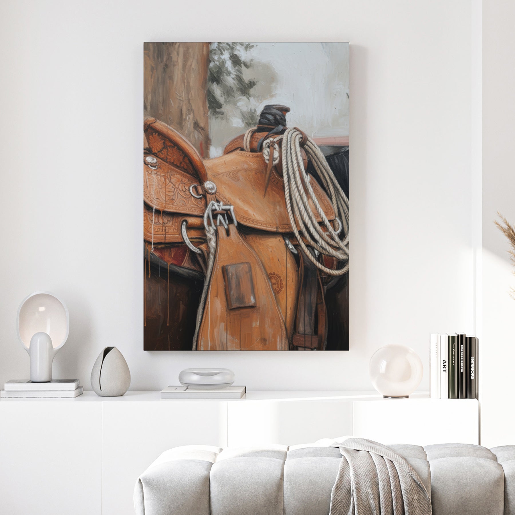 Western saddle illustration wall art print with brown leather tones
