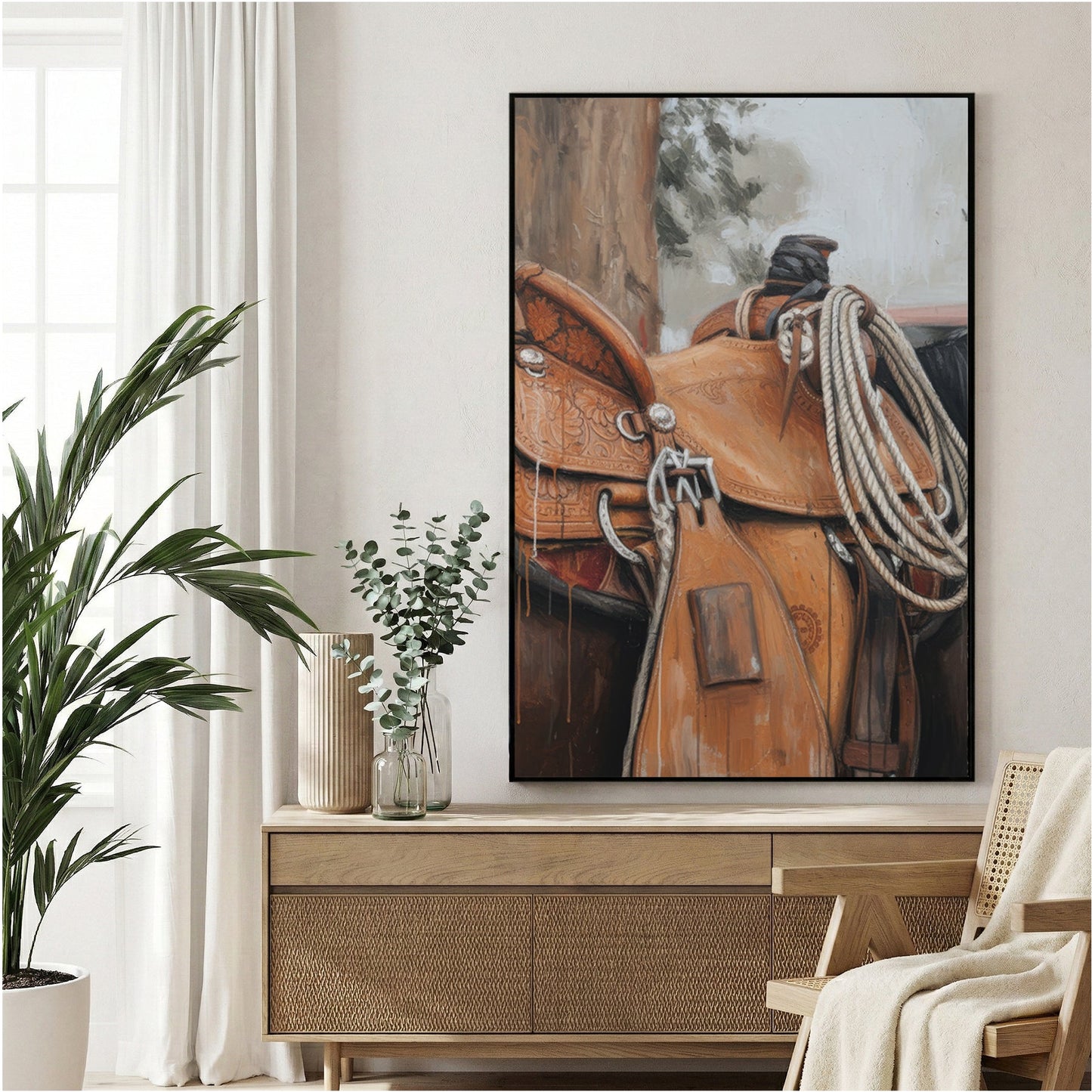 Western saddle illustration wall art print with brown leather tones