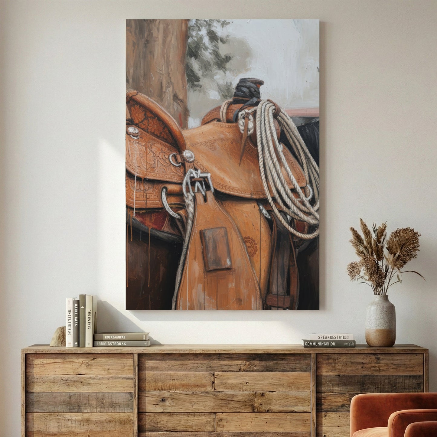 Western saddle illustration wall art print with brown leather tones