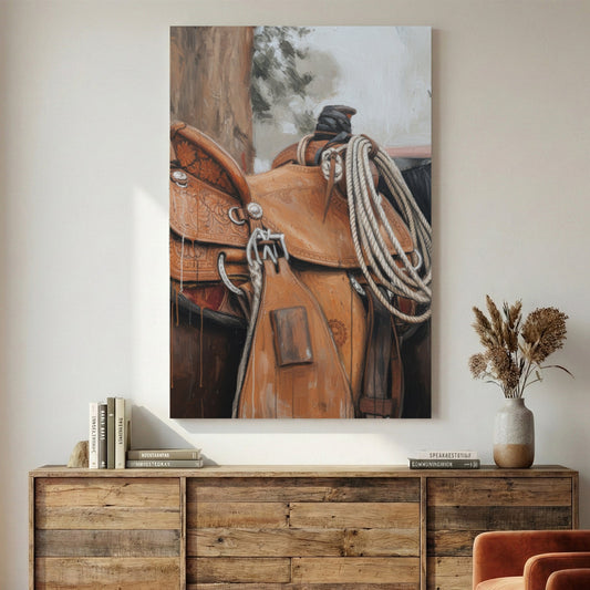 Western saddle illustration wall art print with brown leather tones
