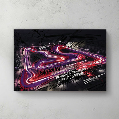 Neon racing circuit wall art print with pink and purple lights