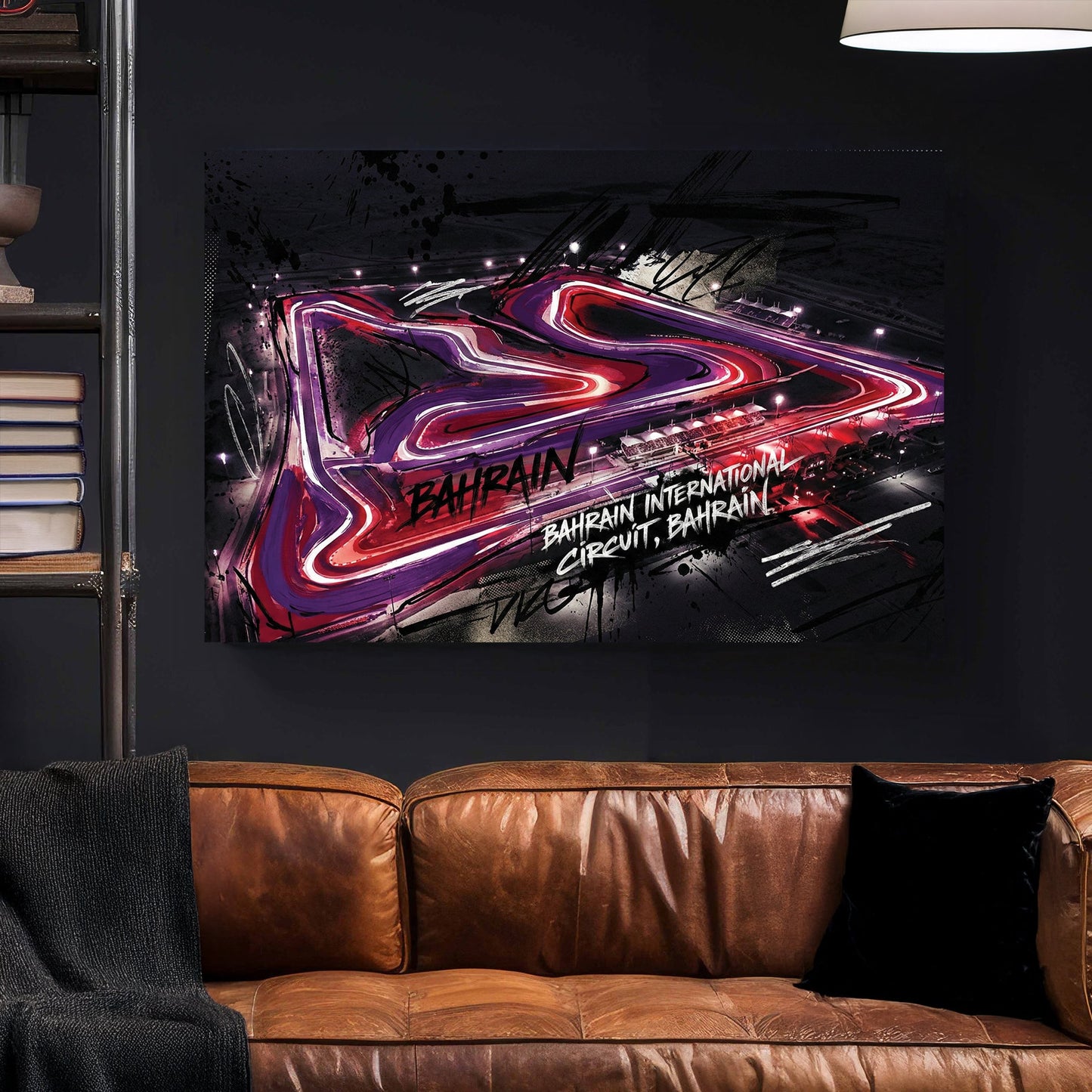Neon racing circuit wall art print with pink and purple lights