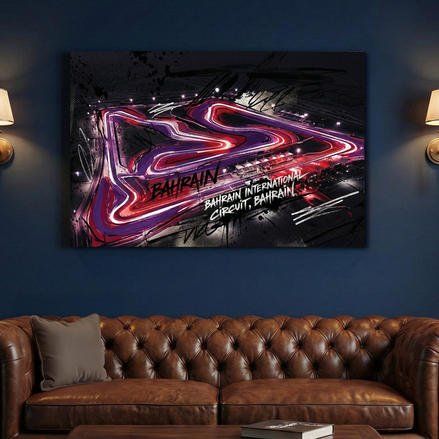 Neon racing circuit wall art print with pink and purple lights