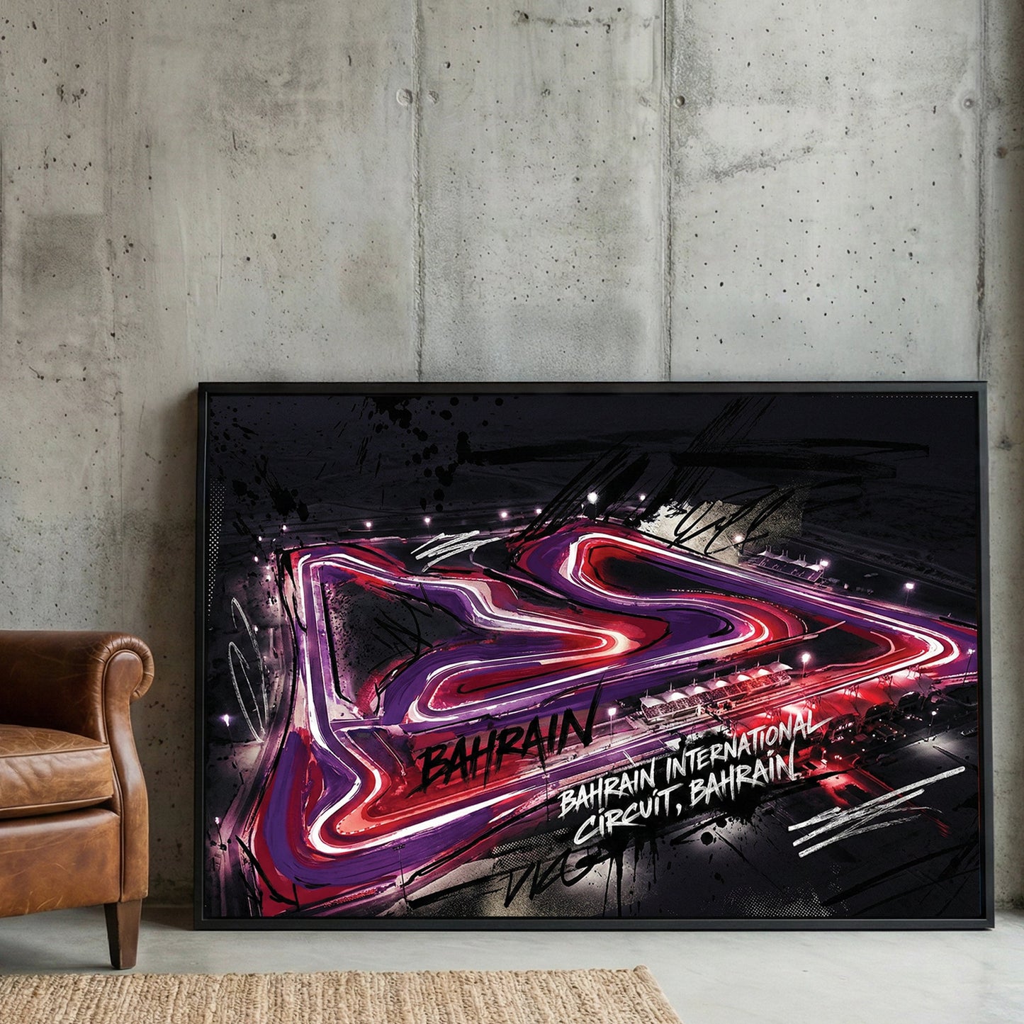 Neon racing circuit wall art print with pink and purple lights