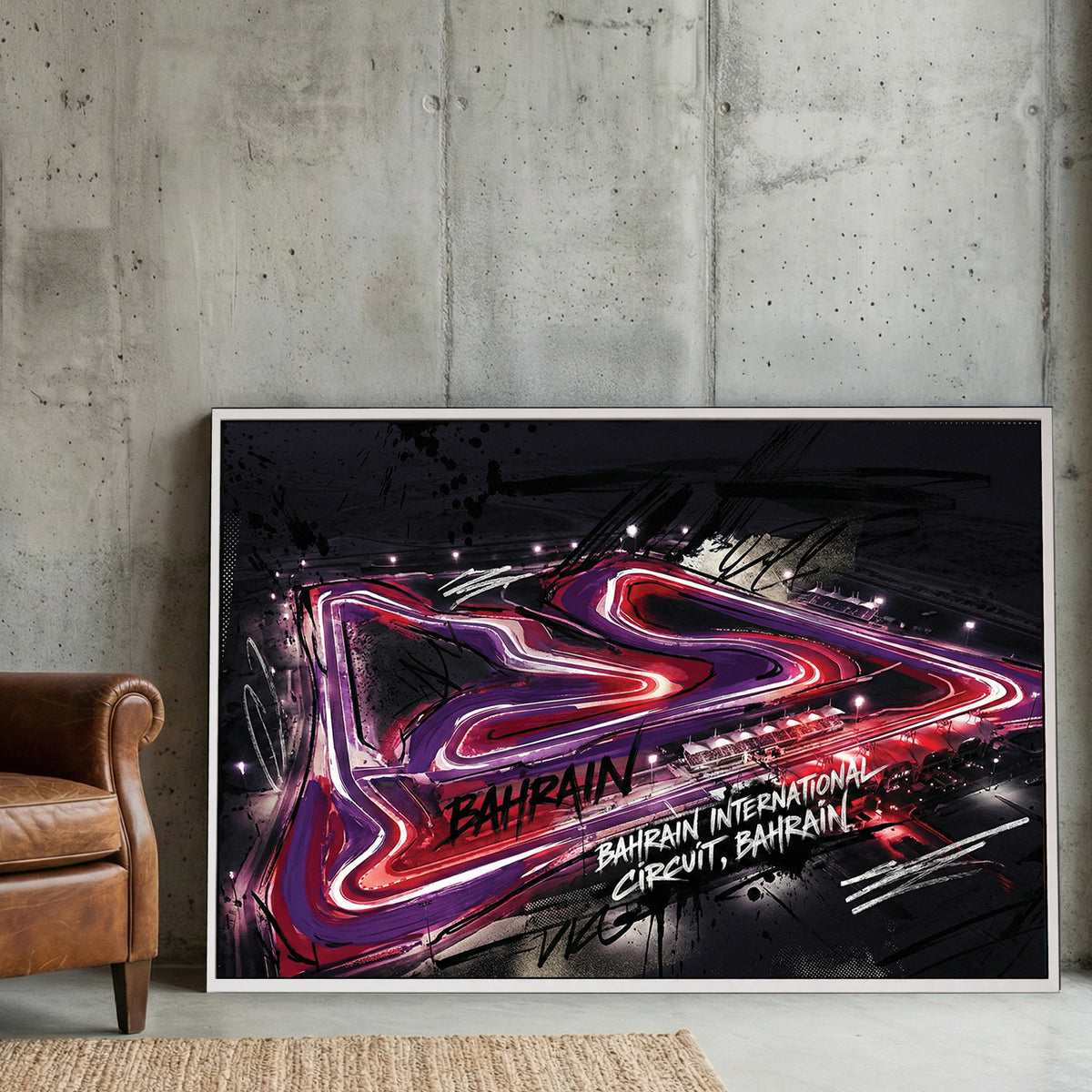 Neon racing circuit wall art print with pink and purple lights