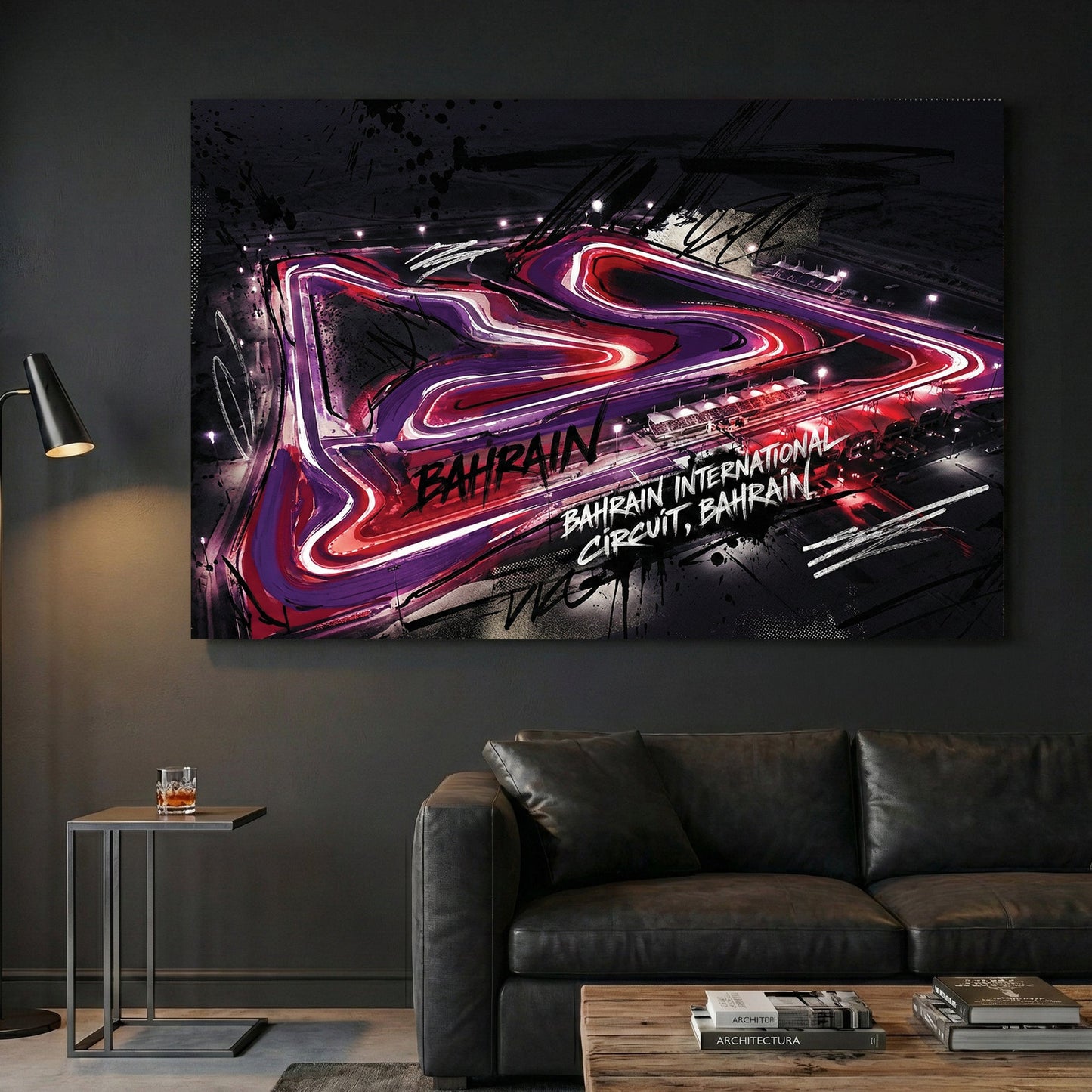 Neon racing circuit wall art print with pink and purple lights