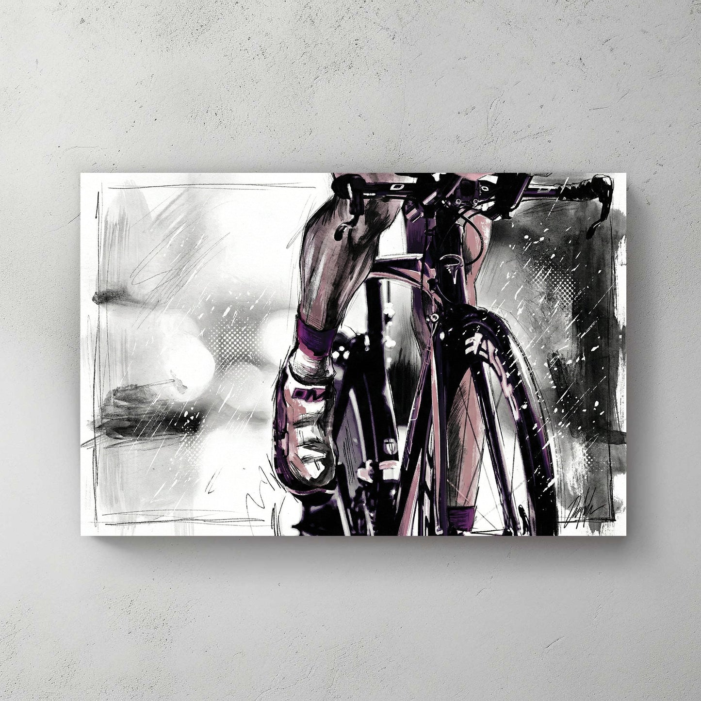 Cyclist road bike sketch wall art print with purple accents