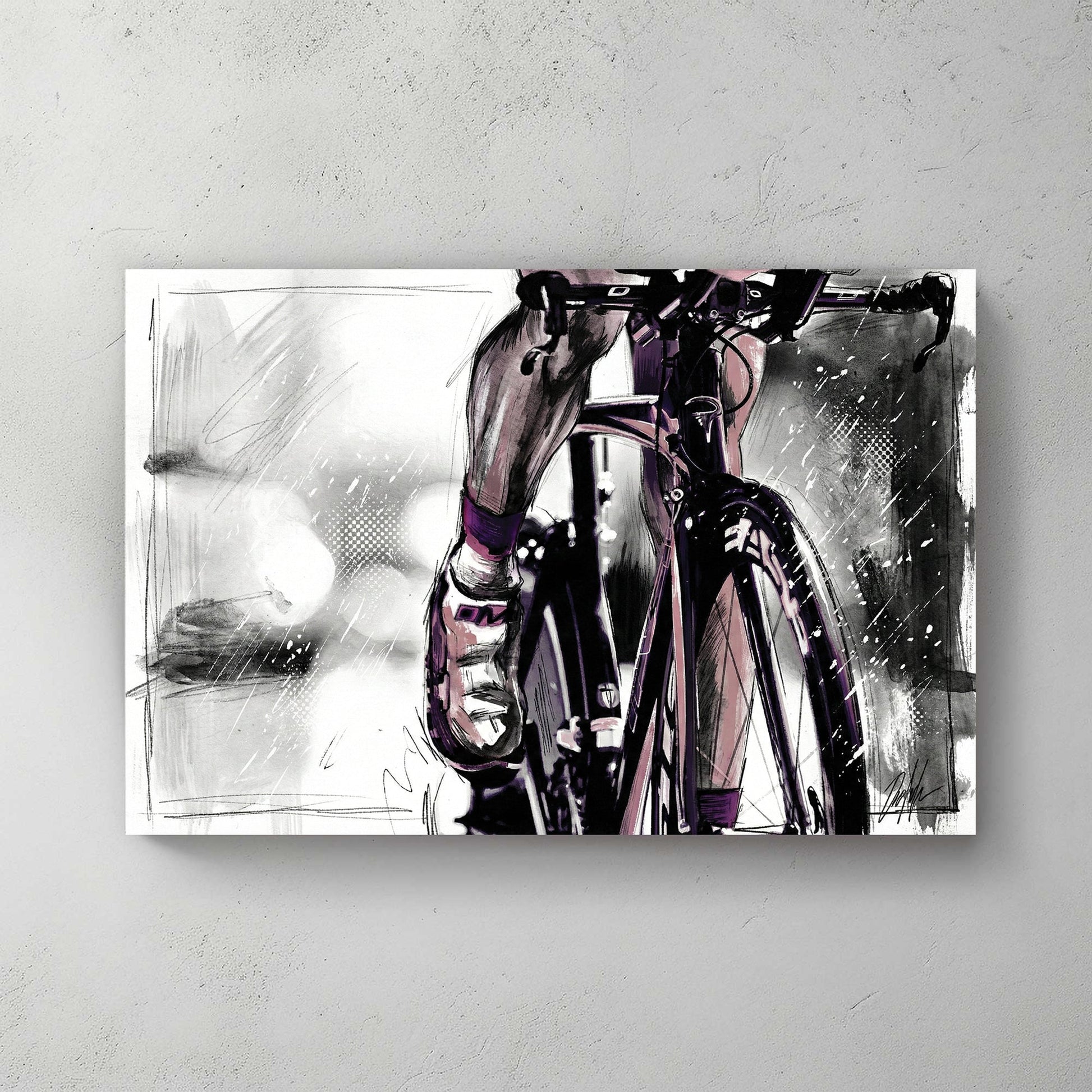 Cyclist road bike sketch wall art print with purple accents