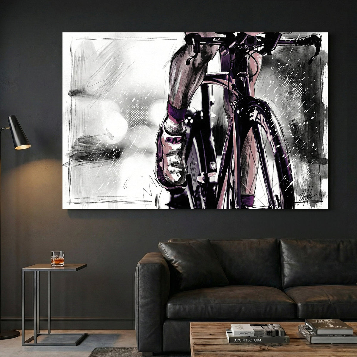 Cyclist road bike sketch wall art print with purple accents