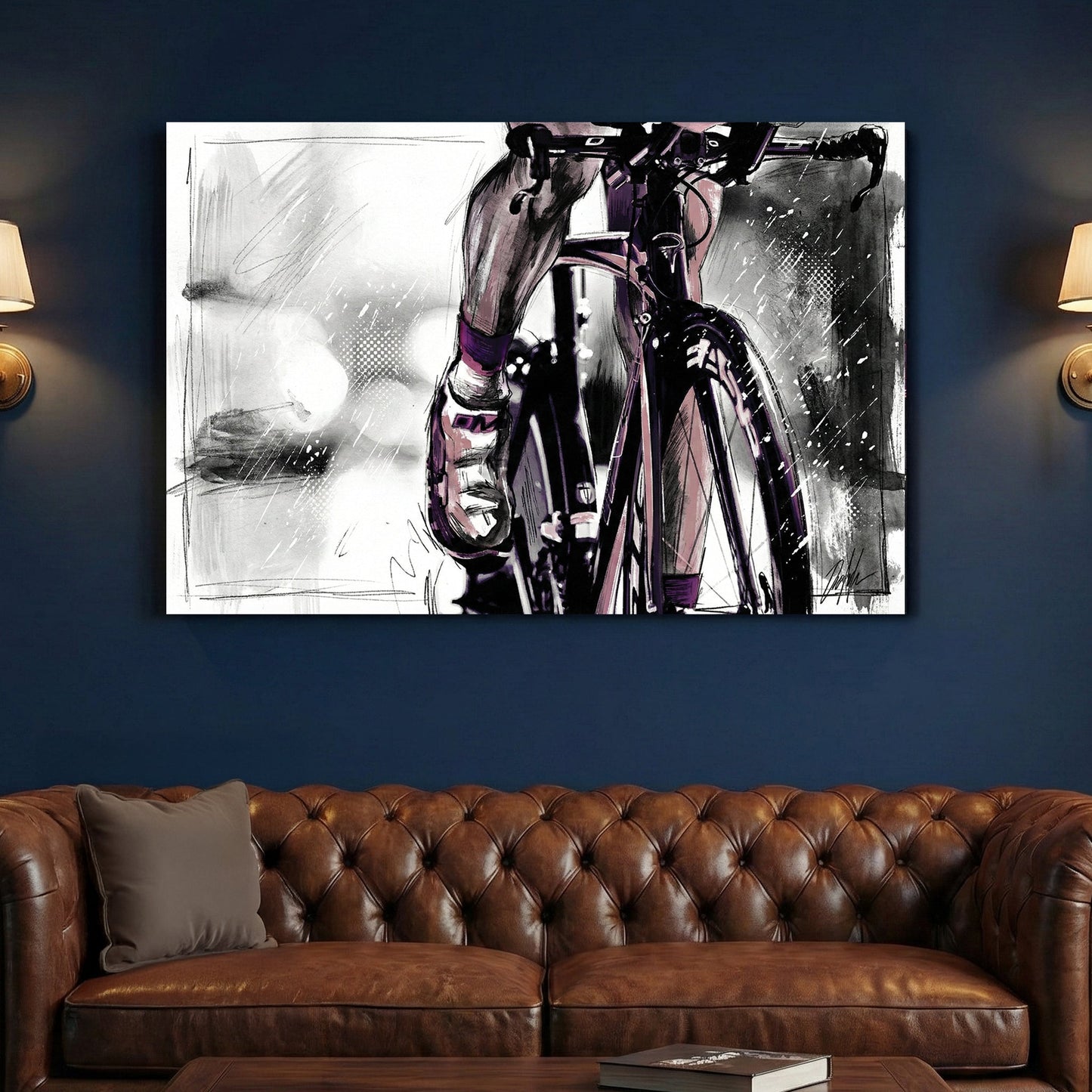 Cyclist road bike sketch wall art print with purple accents