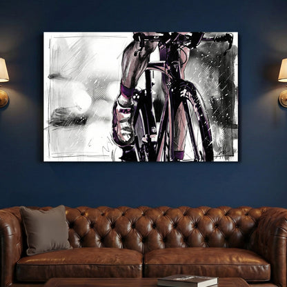 Cyclist road bike sketch wall art print with purple accents
