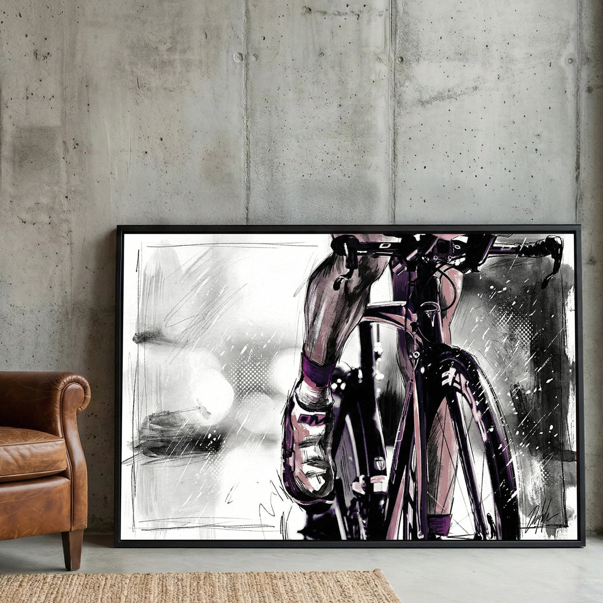 Cyclist road bike sketch wall art print with purple accents