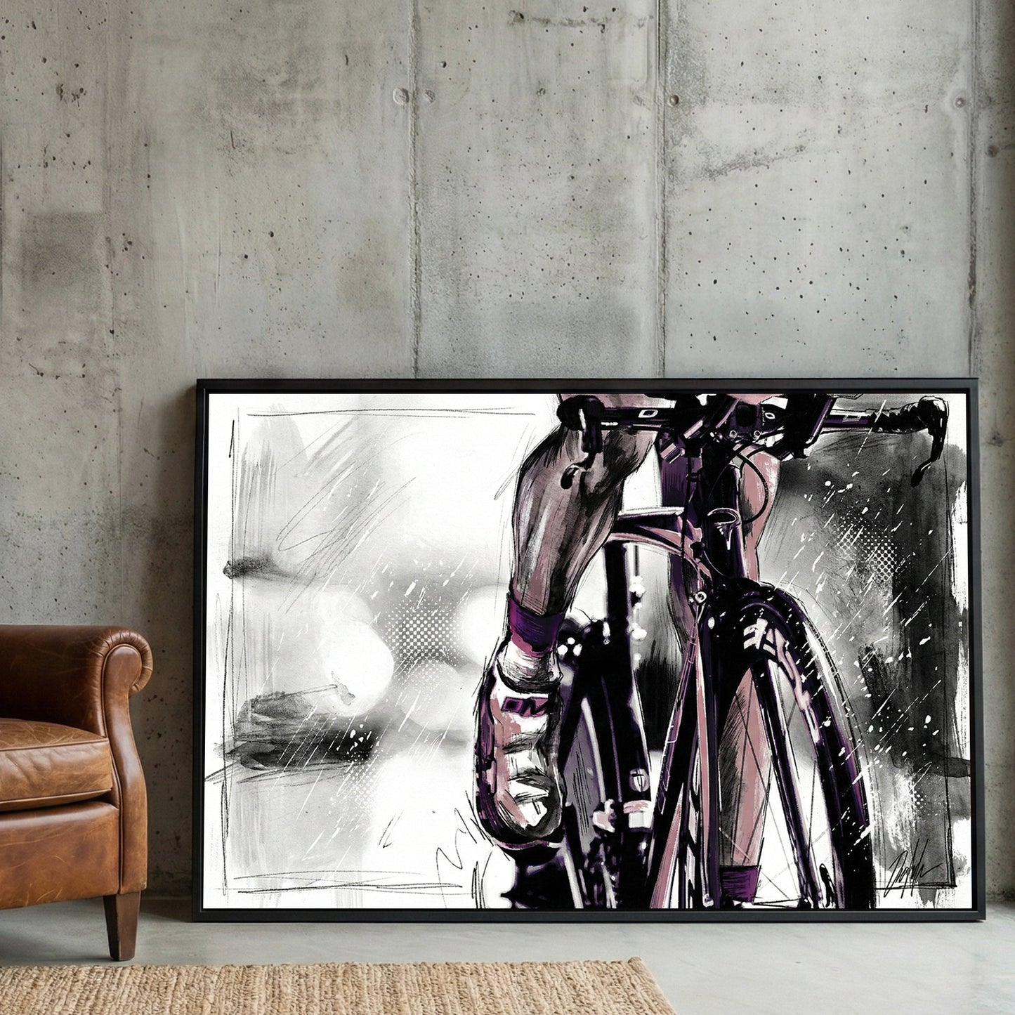 Cyclist road bike sketch wall art print with purple accents