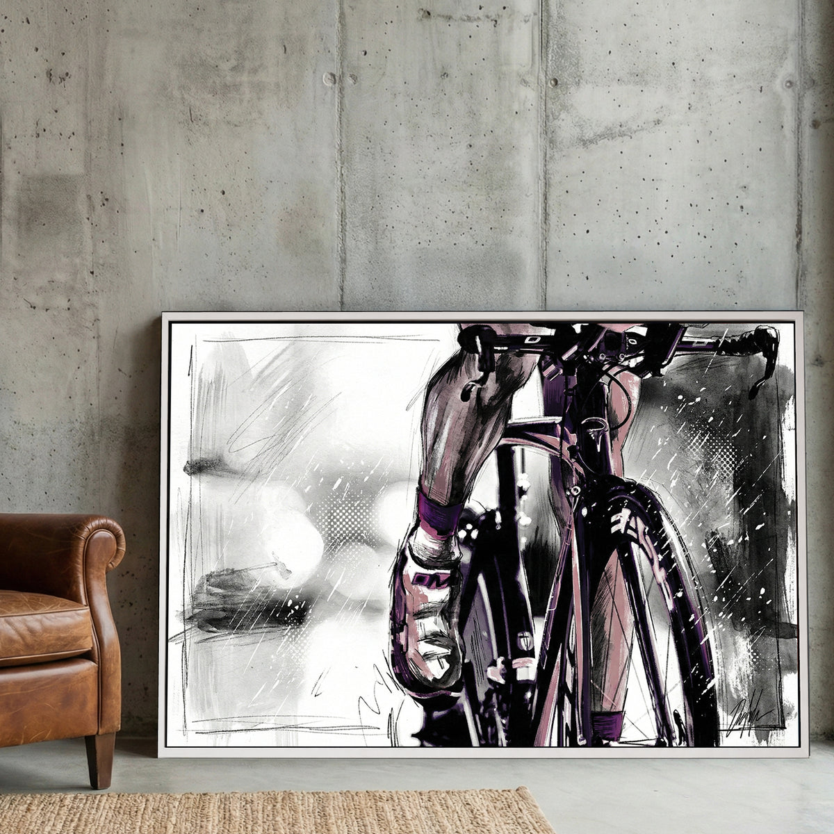 Cyclist road bike sketch wall art print with purple accents