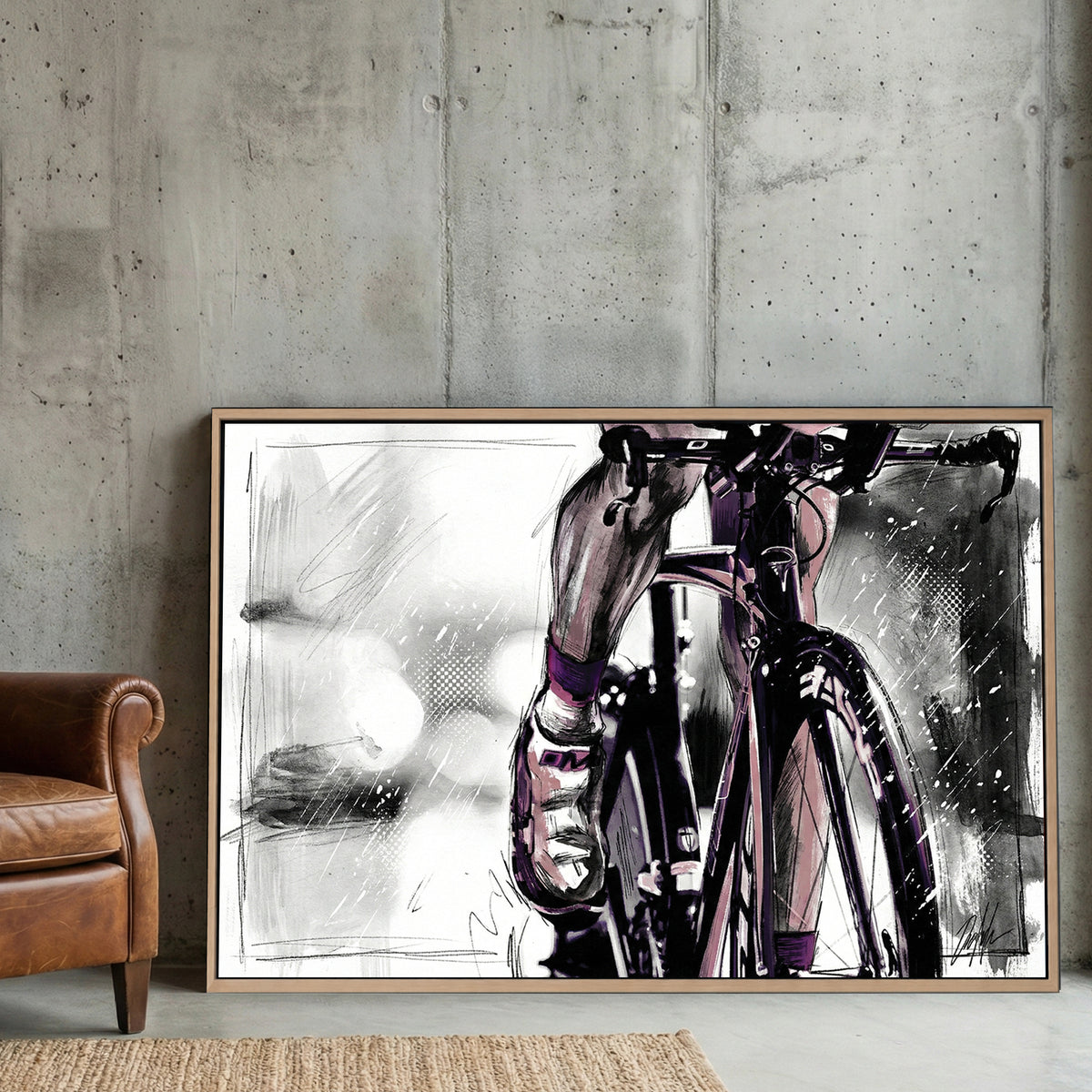 Cyclist road bike sketch wall art print with purple accents