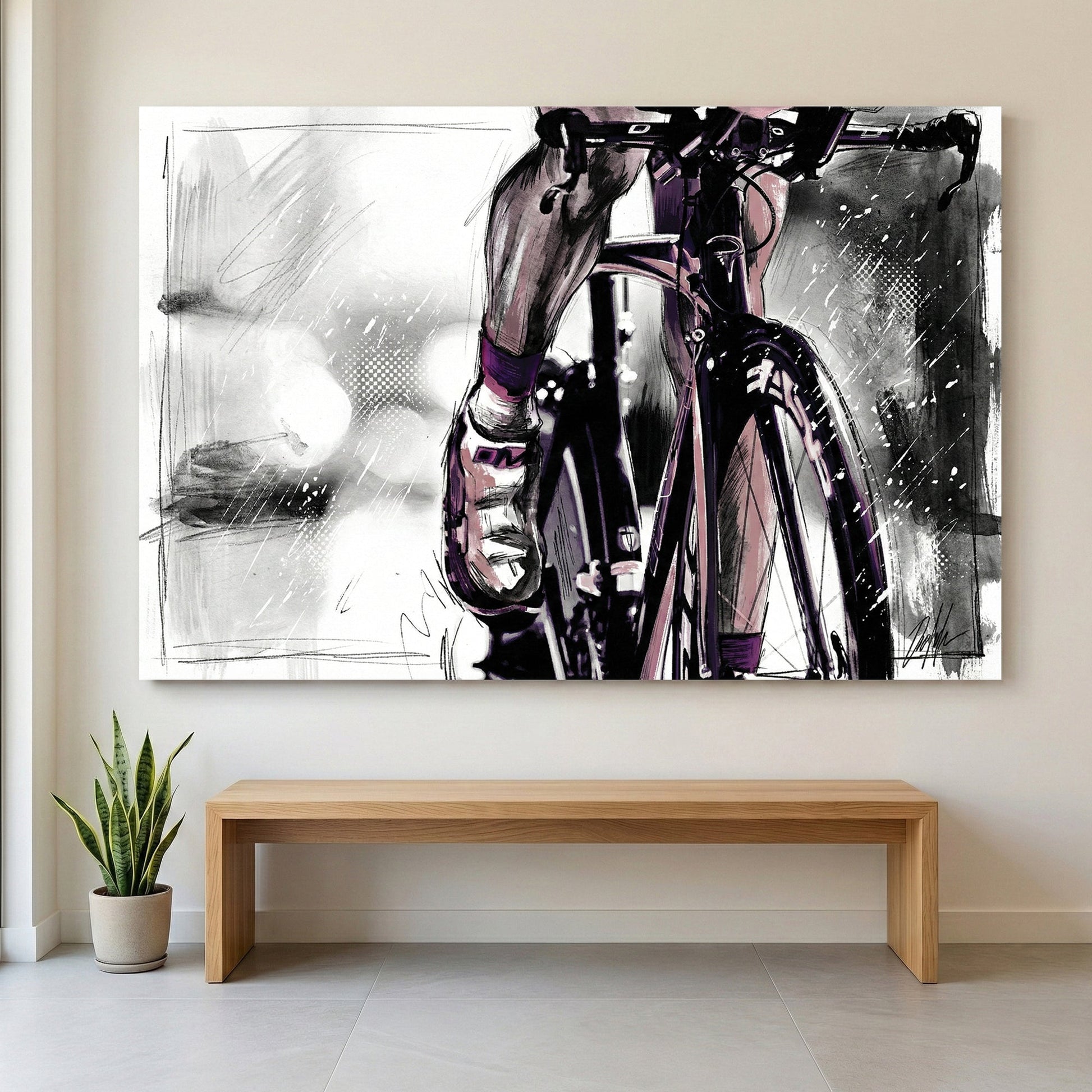 Cyclist road bike sketch wall art print with purple accents