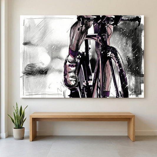 Cyclist road bike sketch wall art print with purple accents