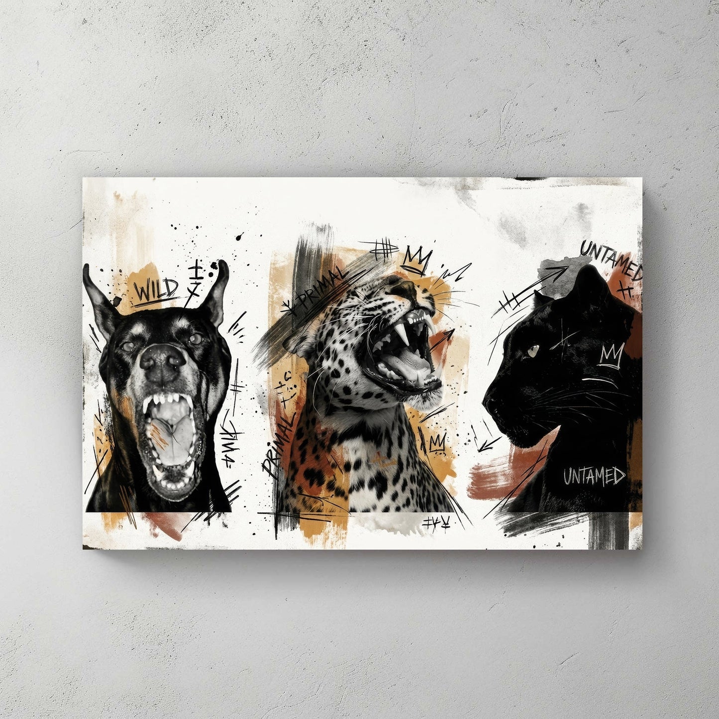Wild animals untamed sketch wall art with gold accents, three panels