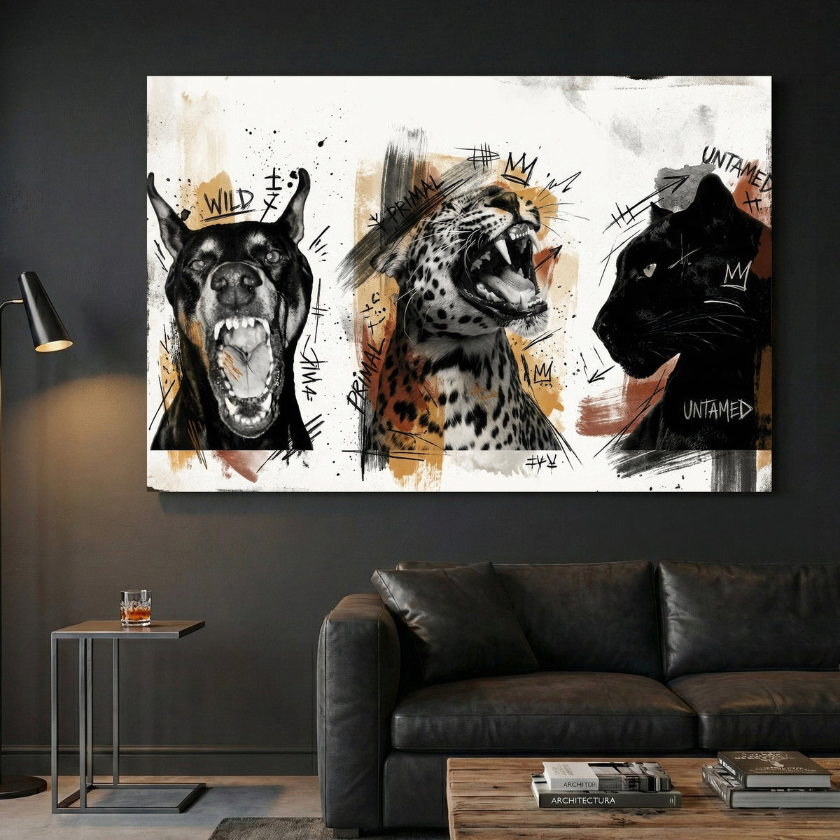 Wild animals untamed sketch wall art with gold accents, three panels