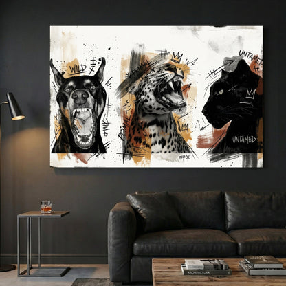 Wild animals untamed sketch wall art with gold accents, three panels