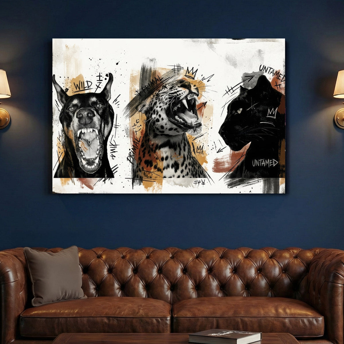 Wild animals untamed sketch wall art with gold accents, three panels