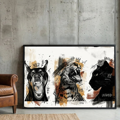 Wild animals untamed sketch wall art with gold accents, three panels
