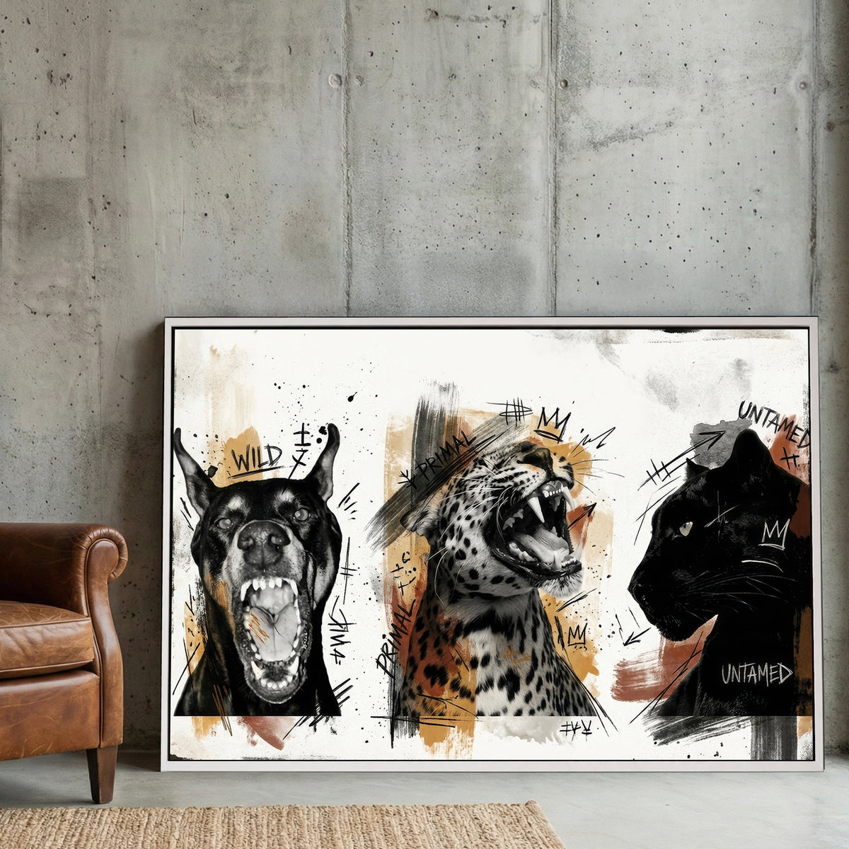 Wild animals untamed sketch wall art with gold accents, three panels
