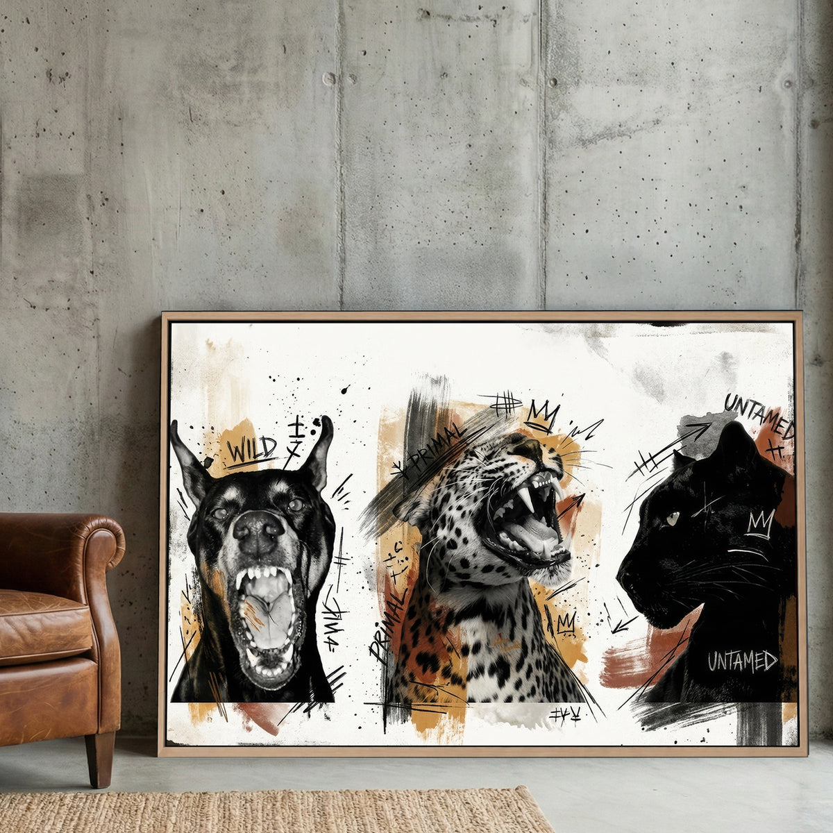 Wild animals untamed sketch wall art with gold accents, three panels