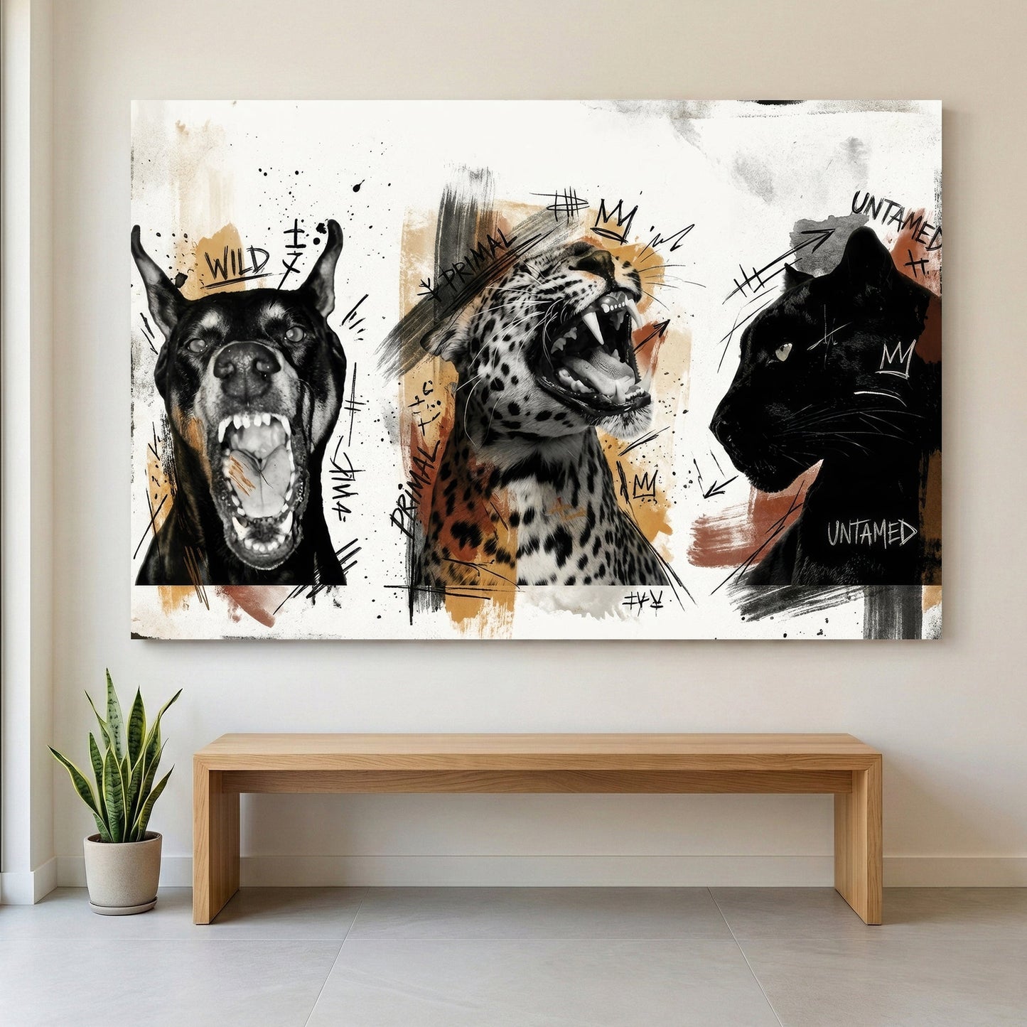 Wild animals untamed sketch wall art with gold accents, three panels