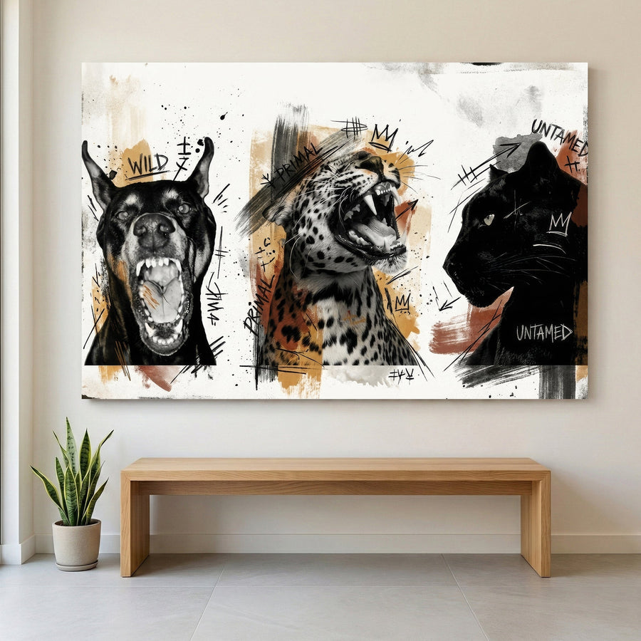 Wild animals untamed sketch wall art with gold accents, three panels