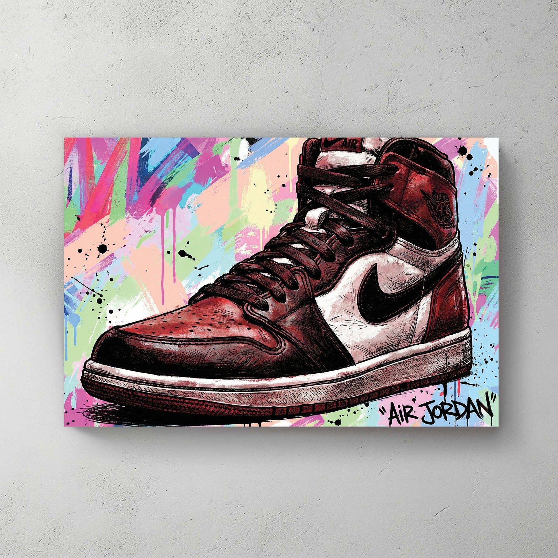 Air Jordan sneaker pop art wall art print with neon colours and splashes