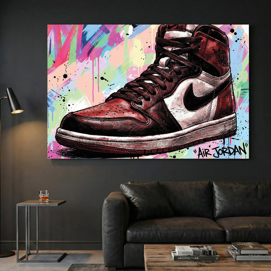 Air Jordan sneaker pop art wall art print with neon colours and splashes